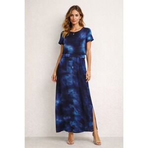 Vtg Molly Mallory Dress Women's 12 Blue Green Tie Dye Short Sleeve Maxi